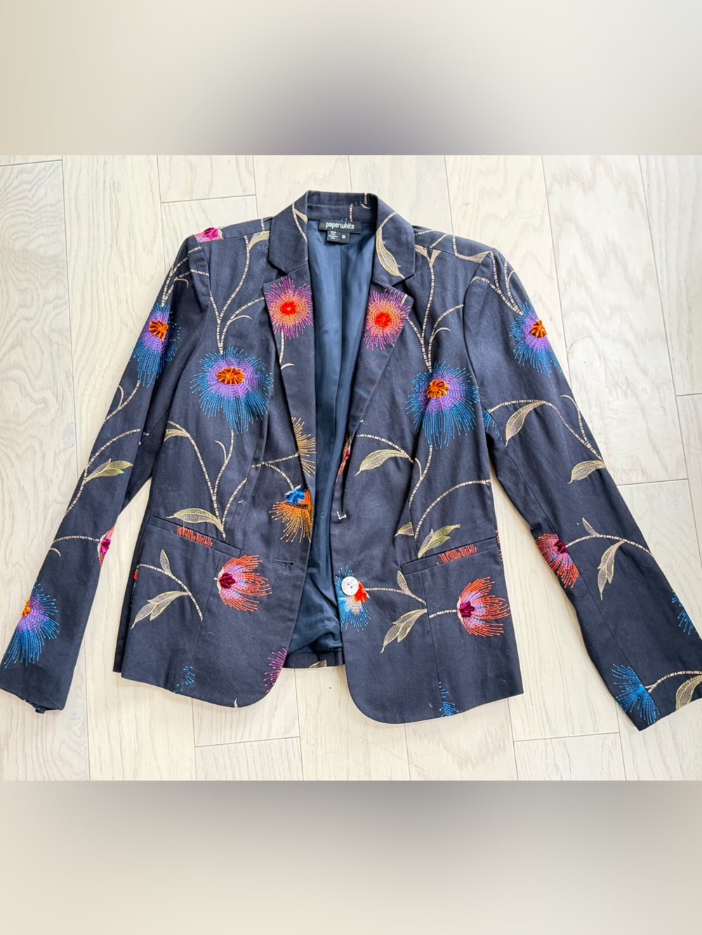 Paperwhite NavyEmbroidered Floral Blazer Jacket